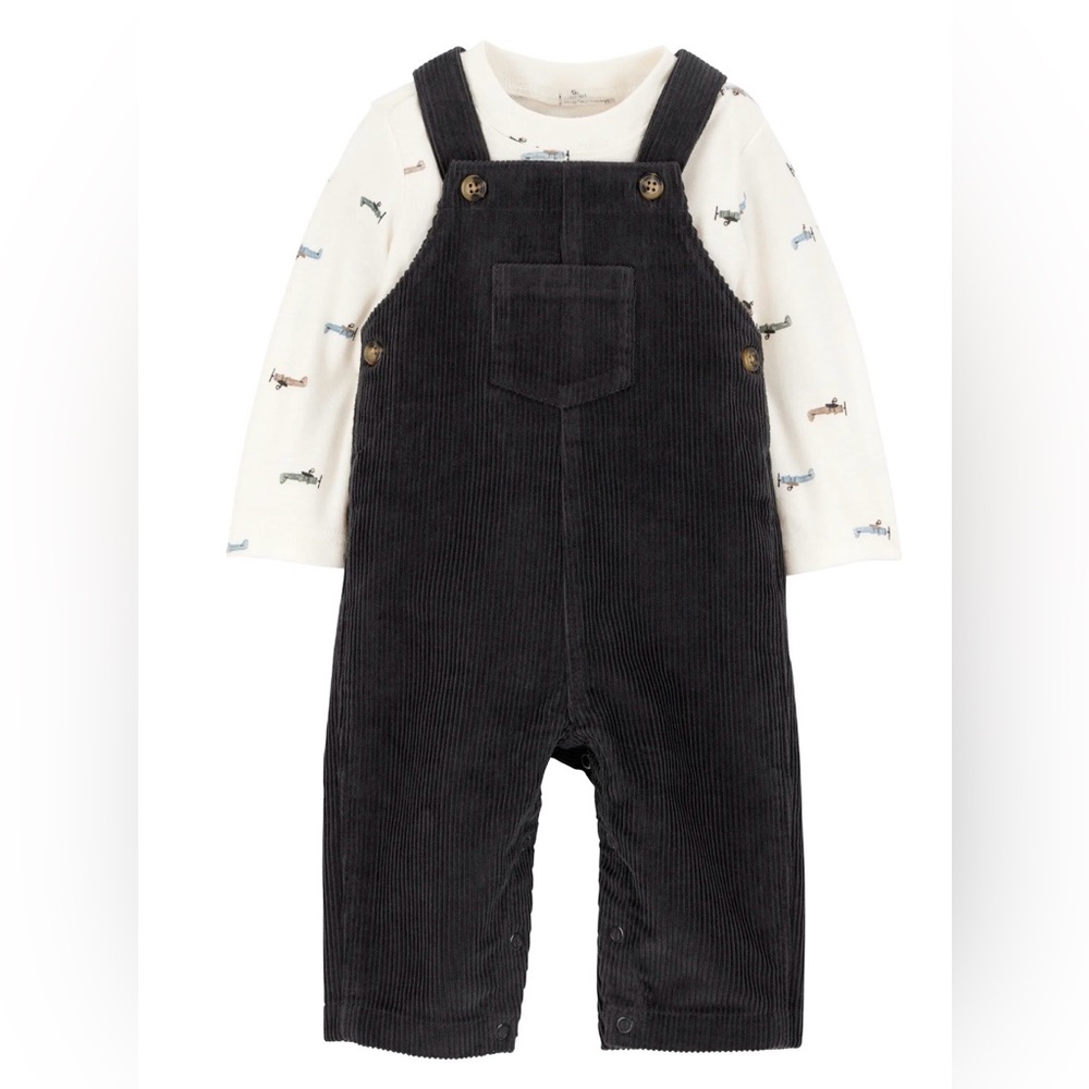 Carter’s Child of Mine Gray Corduroy Overalls Airplanes Long Sleeve  2 Pc Set
